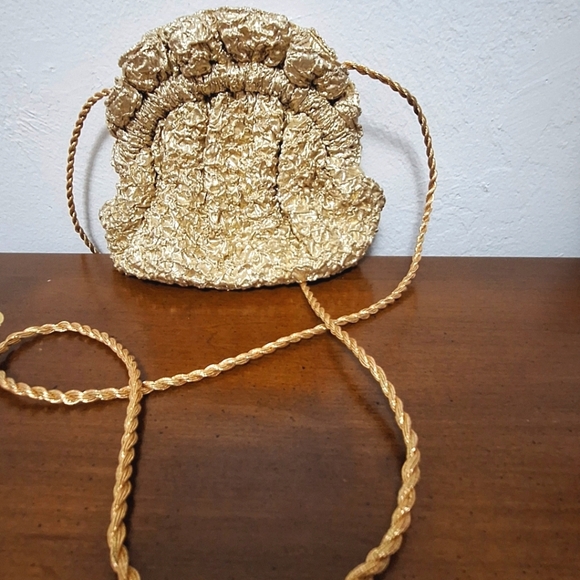 Grace Chuang Vintage Evening Crossbody Purse Gold Crinkle 7"x8" - Picture 7 of 7
